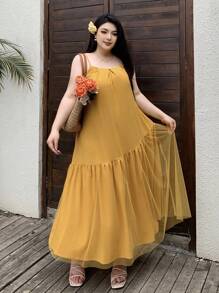 Dazy Plus Vestido maxi de verano para playa con abertura en la espalda, estilo holgado, unicolor, vestido con volantes para mujer, vestido amarillo, ropa de mujer, vestidos de verano