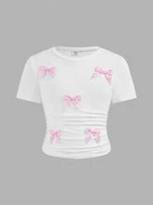 Girlism Tween Girls' Casual Round Neck Short Sleeve Bow Decor Top - Pink - View 1