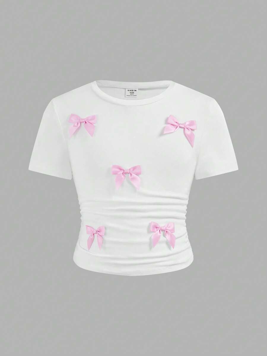 Girlism Tween Girls' Casual Round Neck Short Sleeve Bow Decor Top - Pink - View 1
