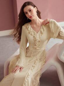 MOTF PREMIUM CONTRAST LACE RUFFLE DRESS - Apricot - View 4