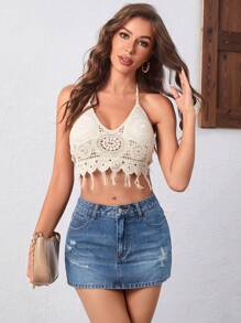 SHEIN Frenchy 女士休闲洗水做旧牛仔中长裙，夏季