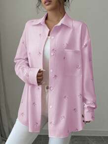 Chiquease Women's Casual Drop Shoulder Long Sleeve Pink Butterfly Print Blouse - Purple - View 3