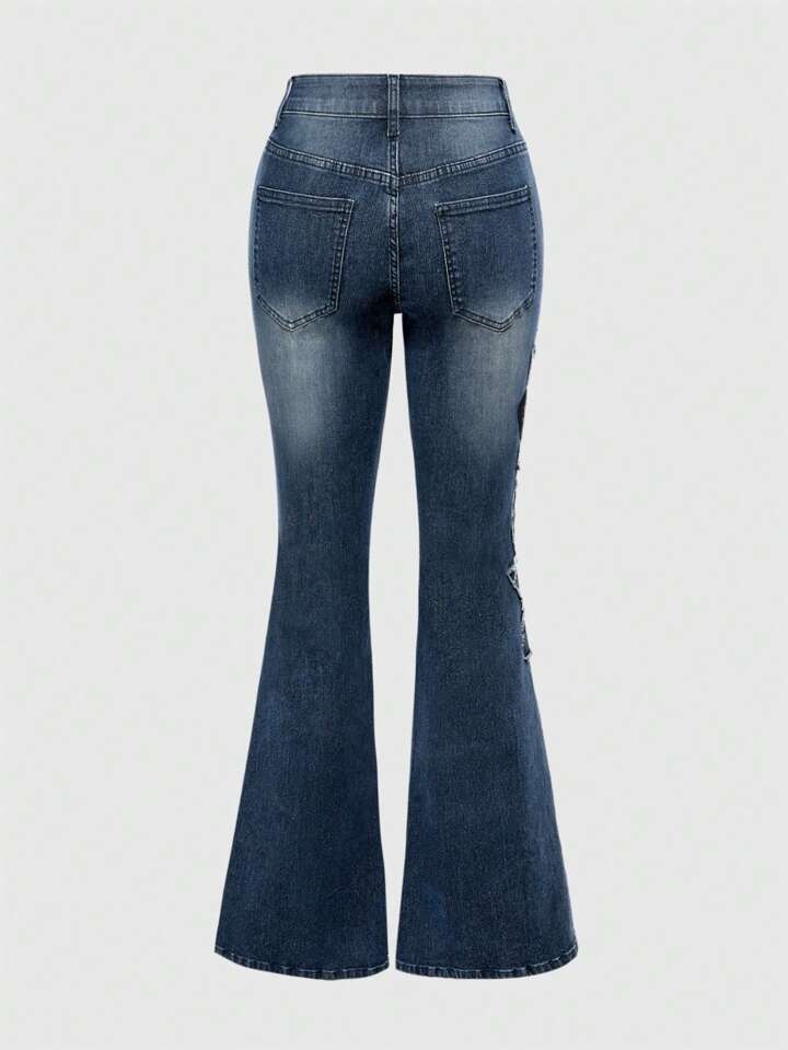 Our Grunge Punk Women's Vintage Floral Embroidery Pocketed Flare
