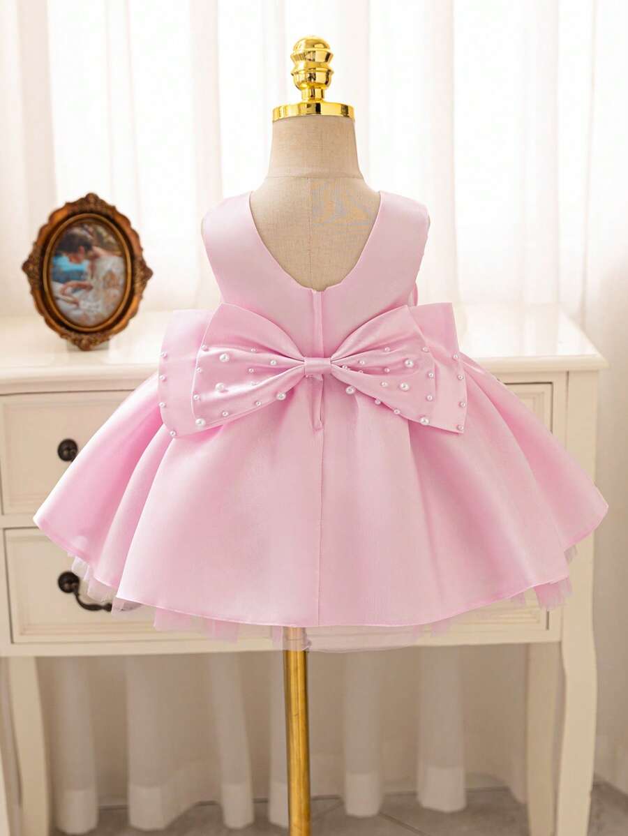 Glamorique Kids 白色圣诞老人派对礼服,优雅白色婚礼花童礼服,手工串珠大蝴蝶结公主裙,适合生日派对 - 粉色 - 查看 1