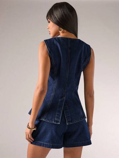 SHEIN BAE Top vaquero sin mangas con botones al frente, casual de verano para mujer