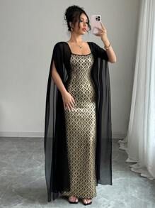 Rafferiza 女士优雅金属箔印花方领透明雪纺袖修身中长连衣裙