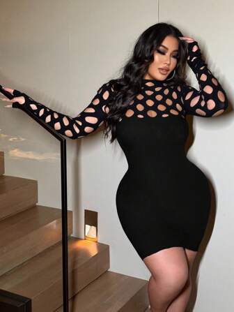 NU&NOW Plus Size Dam Hollow Out Långärmad Bodycon Sexig Klänning