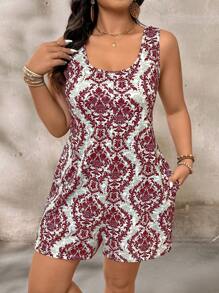 SHEIN LUNE Plus Size Women's Summer Vintage Holiday Pattern Crew-Neck Sleeveless Casual Jumpsuit For Women - Red - View 3