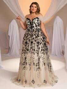 Aureia Đầm chữ A phồng, phối màu, chất liệu lưới, dáng rộng, xuyên thấu, hở vai, trang trí họa tiết, màu mơ, tay áo ngắn, đầm dạ hội trang trọng, được trang trí cầu kỳ, đầm dự tiệc, thích hợp cho khách dự đám cưới, ngày Valentine. - Màu be - Xem 5