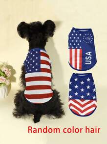 HOLAPET 1pc Random Dog Design Summer Cool Breathable T-Shirt, Independence Day Print, Suitable For Small Cats & Dogs - Blue - View 1