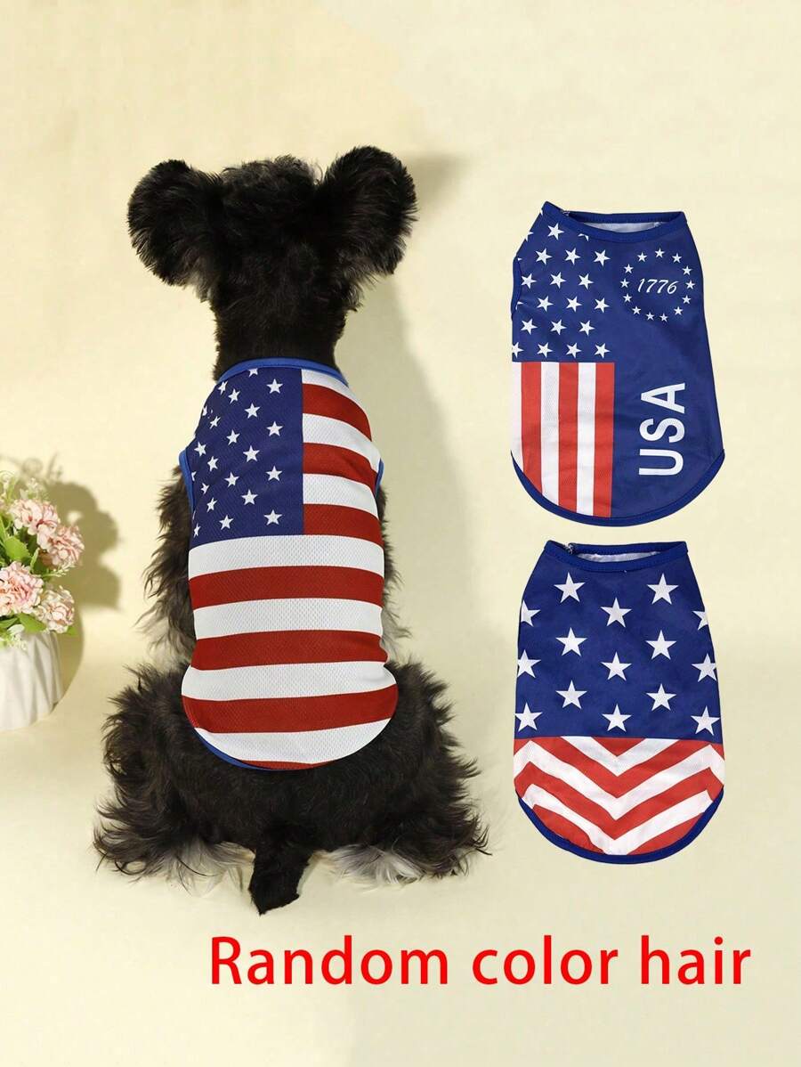 HOLAPET 1pc Random Dog Design Summer Cool Breathable T-Shirt, Independence Day Print, Suitable For Small Cats & Dogs - Blue - View 1