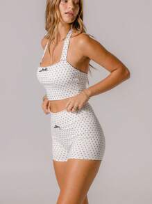 Aralina Leisurewear Polka Dot Halter Crop Top And High Waist Shorts With Bow Detail Two Pieces Set - Black and White - View 4