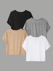 SHEIN EZwear Jednolity kolor dzianinowy damski T-shirt prosty modny swobodny codzienny