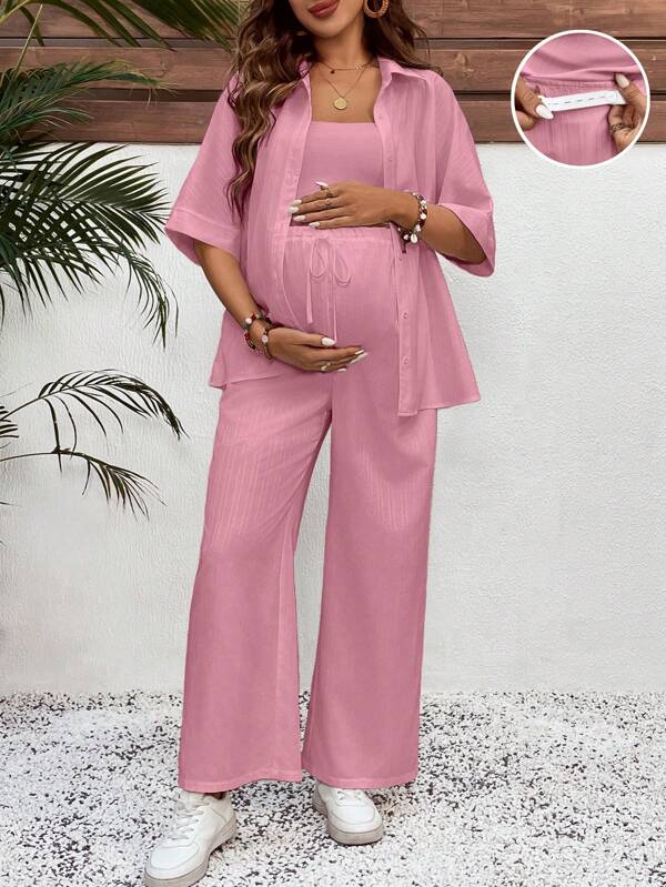 SHEIN 2 Stücke/Set Umstandsmode lässiges einfaches Kurzarm Shirt und Hose Set, Sommer
