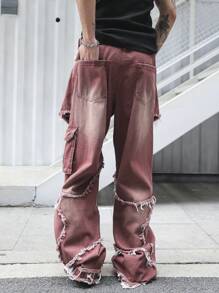 Manfinity EMRG Men's Burgundy Denim Long Jeans With Zipper Details And Distressed Frayed Design - Burgundy - View 2