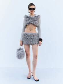 LYSMO Women's Light Grey Shaggy Mini Skirt: Chic And Playful Polyester Party Skirt With Ruched Detailing For A Stylish Night Out - Light Grey - View 5