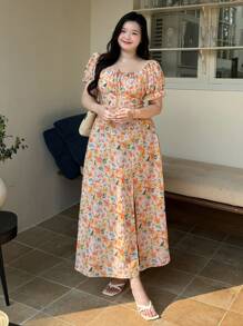 Dazy Plus All Over Floral Print Square Neck Cinched Waist Puff Sleeve Maxi Vacation Dress - Orange - View 6