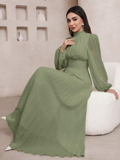 Veilorie 女士纯色立领灯笼袖褶边优雅阿拉伯风格连衣裙，端庄大方