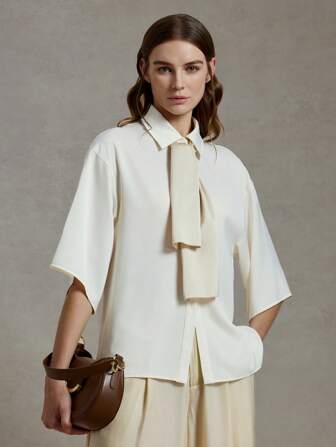 Briarwyn 休闲纯色编织翻领宽松半袖女衬衫夏季女士商务休闲装