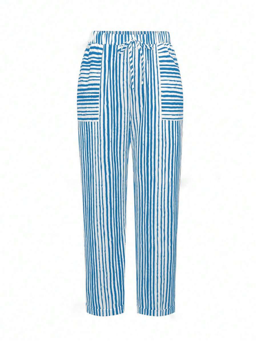 SHEIN LUNE Pantalon casual droit à design rayé avec poche à cordon pour grande taille, tenue occidentale - Bleu azur - Voir 1
