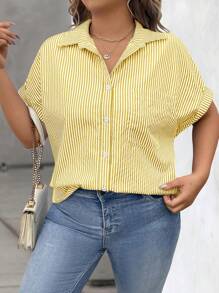 Vionelle Plus Size Summer Casual Striped Front Button Bat-Wing Sleeve Shirt - Yellow - View 3
