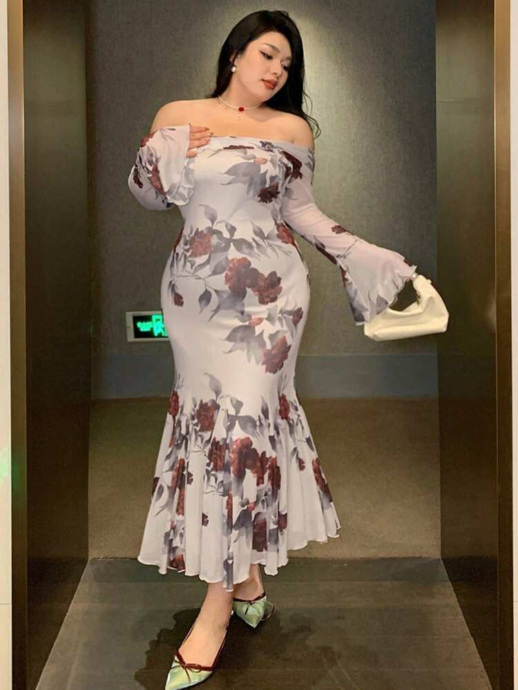 Dazy Plus Plus Size Flower Print Mesh Off Shoulder Flare Sleeve Mermaid Hem Dress, Spring/Fall DrapedDress Party Women Dresses Floral Milkmaid Dress,Ruffle Long Sleeve Dress Maxi Dress