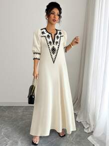 Elenzga Women's Floral Print V-Neck Puff Sleeve Casual Dress, Vacation Wear