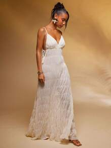 Hauture Textured Ruffle Cami Summer Maxi Dress,Bohemia - Beige - View 4