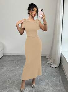 Chiquease Elegant Red Dress With Bowknot Strap, Fitted Waist, Ruched Mermaid Hem, Women - Apricot - View 1