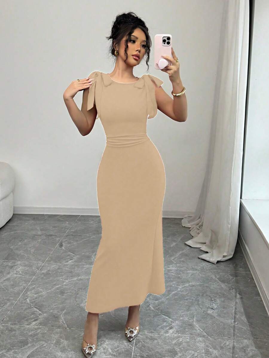 Chiquease Elegant Red Dress With Bowknot Strap, Fitted Waist, Ruched Mermaid Hem, Women - Apricot - View 1