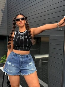 SHEIN ICON 大码女式休闲口袋磨破洗水牛仔短裤 - 深色水洗藍 - 查看 6