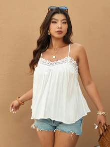 Elaquor 大码女式撞色蕾丝褶皱吊带背心 - 白色 - 查看 6