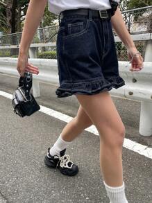 FRIFUL Women's Casual Blue Denim Ruffle Hem Shorts: Zipper Detail Short Jeans For A Stylish Summer Look Denim Shorts