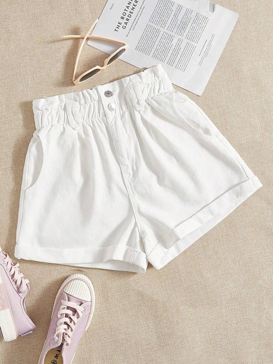 Breezaya 女士口袋卷边宽松休闲牛仔短裤 - 白色 - 查看 1