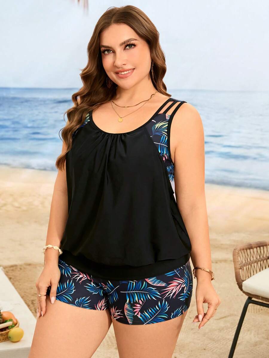 Swim Lushoire 2pcs Plus Size Women's Digital Print Wide Strap Tummy Control Racerback Tankini Swimwear, Suitable For Beach & Holiday For Summer Beach Vacation
