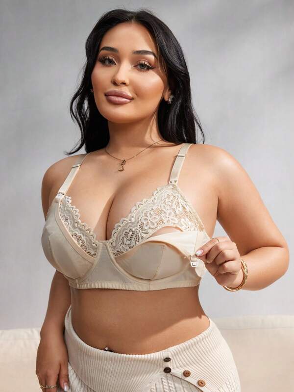 Curvy 3/4 Cup Underwire Comfy & Elegant Floral Lace Nursing Lingerie Bra With Front Hook Closure, Plus Size Maternity Lingerie Bra, Apricot Color