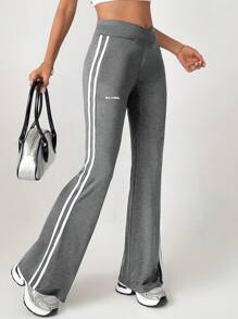 SHEIN Tall 女士条纹双杠交叉腰休闲紧身喇叭运动裤 - 灰色 - 查看 1