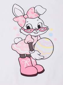 SHEIN Explorewe 2pcs Set Teen Girls Easter Cute Rabbit & Egg Print Slim Fit Striped Short Sleeve Top & Shorts Set, Casual Wear For Daily, Party, Summer - Multicolor - View 5