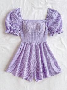 Soleia 蓝白格子褶皱泡泡袖连体衣，休闲度假风格方领女式夏季连体裤 - 紫色 - 查看 7