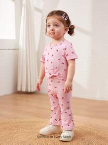 Cozy Pixies Baby Girl Floral Print Knitted Soft Round Neck Short Sleeve Pullover Top And Flared Pants 2 Pieces Set - Multicolor - View 3