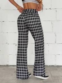 SHEIN Unity 女式低腰格子长裤，长款休闲/办公装，秋季 - 黑與白 - 查看 2