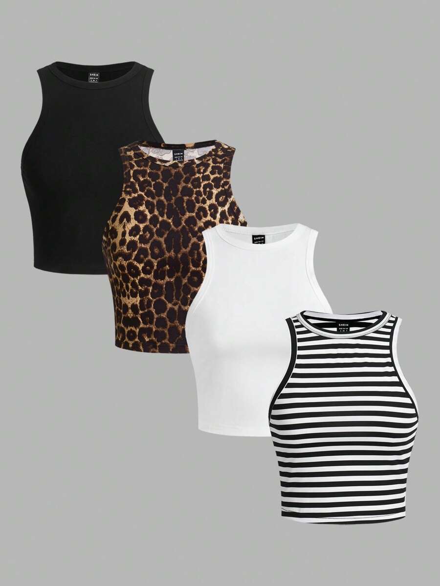 SHEIN Essnce Plus-Size Multi-Piece Vests For Women, 4-Piece Tops For Casual Women Summer Outfits For Women,Summer Tops Cheetah Print Going Out Tops Y2k Tops Cute Summer Tops Rave Top - Multicolor - View 1