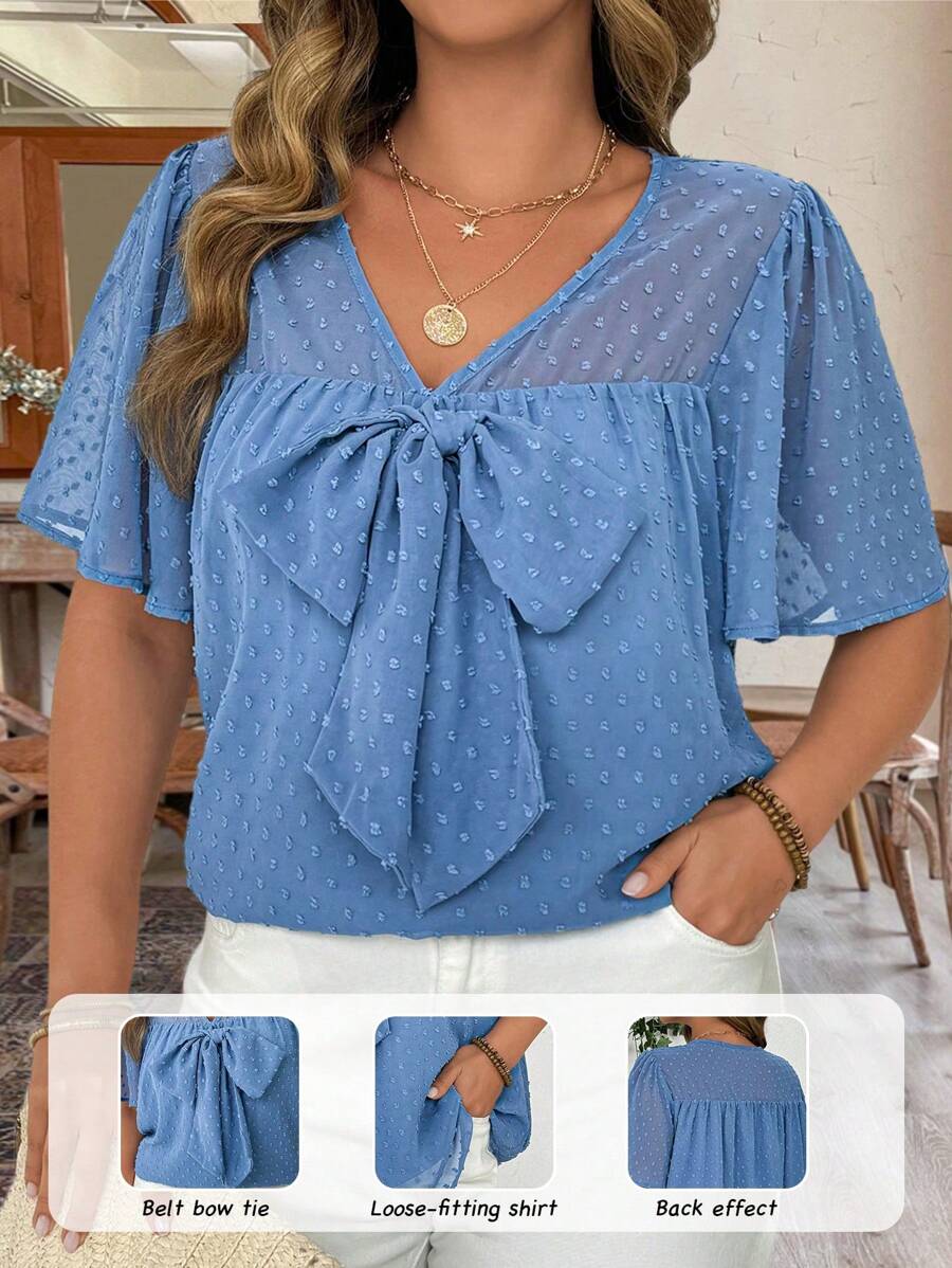 SHEIN LUNE 大码女式 3D 镂空纹理前系带大码休闲优雅短袖衬衫 - 霧霾藍 - 查看 1