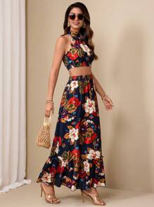 Chiquease 女士优雅大花两件套无袖上衣和裙子 - 彩色 - 查看 3