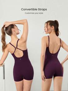 GLOWMODE 2.5" FeatherFit™ Full Flex Tummy Control Convertible Back Straps Romper Bodysuit With Side Pockets Yoga Pilates - Cherry Cola - View 3