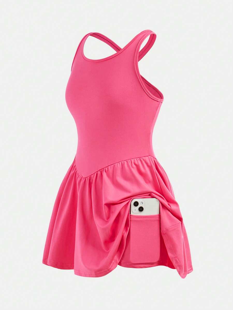 Tween Girls' Casual Sporty Solid Color Crisscross Back Tank Dress - Hot Pink - View 1