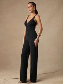 Silquee Premium Quality Elegant And Sexy Backless Cross Strap V-Neck Design Black Solid Color Jumpsuit, Suitable For Party Graduation - White - View 4