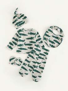 Cozy Pixies Baby Mädchen 5-teiliges Set: Cartoon Krokodil Muster gestrickter weicher Rundhals Langarm-Pullover, elastische Taillenhose, Hut, Handschuhe, Lätzchen