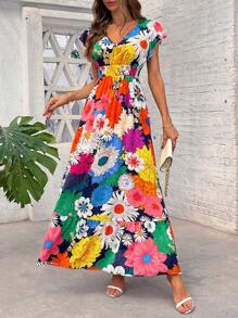 SHEIN Clasi Women Elegant V-Neck Cap Sleeve Floral Print Dress, Vacation Wear Wedding Guest Dress Women Graduation Dress Vacation Outfits - Multicolor - View 8