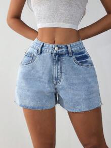 SHEIN EZwear Women's Casual Blue Denim Shorts - High-Waisted Short Jeans With Raw Hem Detail
